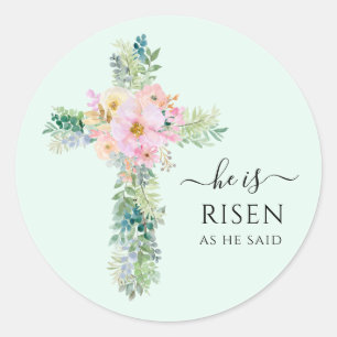Er ist Risen Greenery Watercolor Cross Runder Aufkleber
