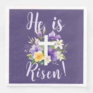 "Er ist Risen!" Lila florales religiöses Ostern Serviette