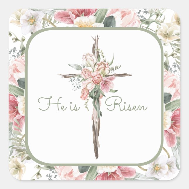 Er ist Risen Spring Floral Cross Quadratischer Aufkleber (Vorderseite)