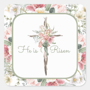 Er ist Risen Spring Floral Cross Quadratischer Aufkleber