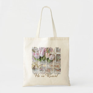 Er ist Risen Tulip Cross Christliche Vintage Fraue Tragetasche