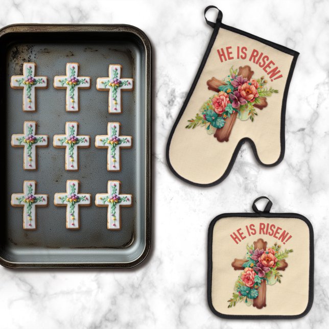 Er ist Riser Osterfarbener Blumenkreuz Ofenhandschuh & Topflappen-Set (Von Creator hochgeladen)