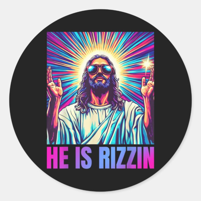 Er ist Rizzin lustigen Jesus Meme Christlichen Män Runder Aufkleber (Vorderseite)