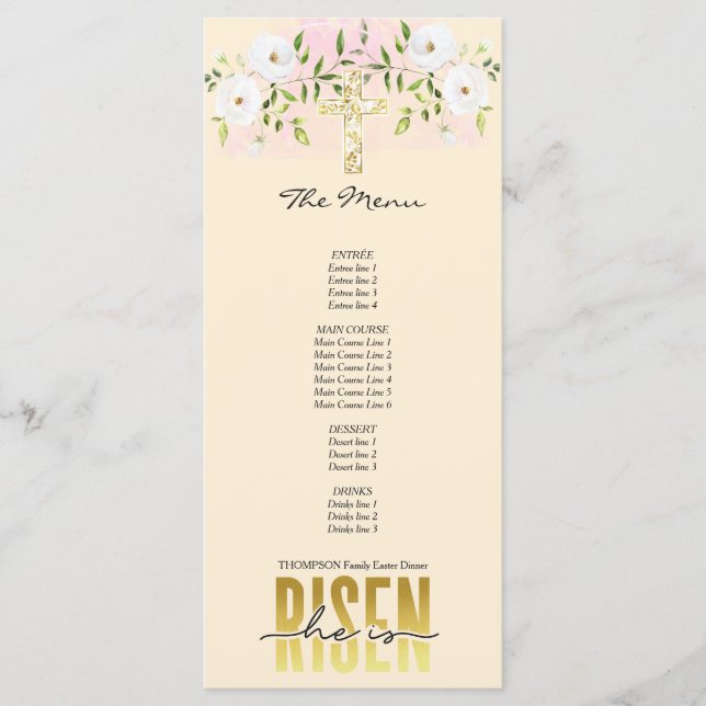 Er ist zu Zeiten religiös Christlicher Zitate und  Menükarte (Vorderseite)