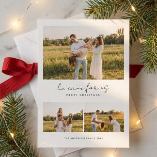 Er kam für uns Religiöse Familie 3 Foto Weihnachte Feiertagskarte