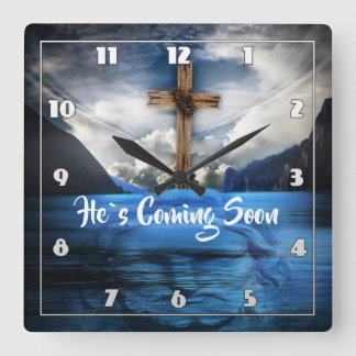 ER KOMMT BALD Jesus im Wasser Quadratische Wanduhr