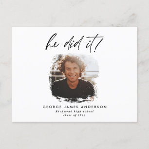 Er machte das blaue moderne Foto Abschluss Postkar Postkarte