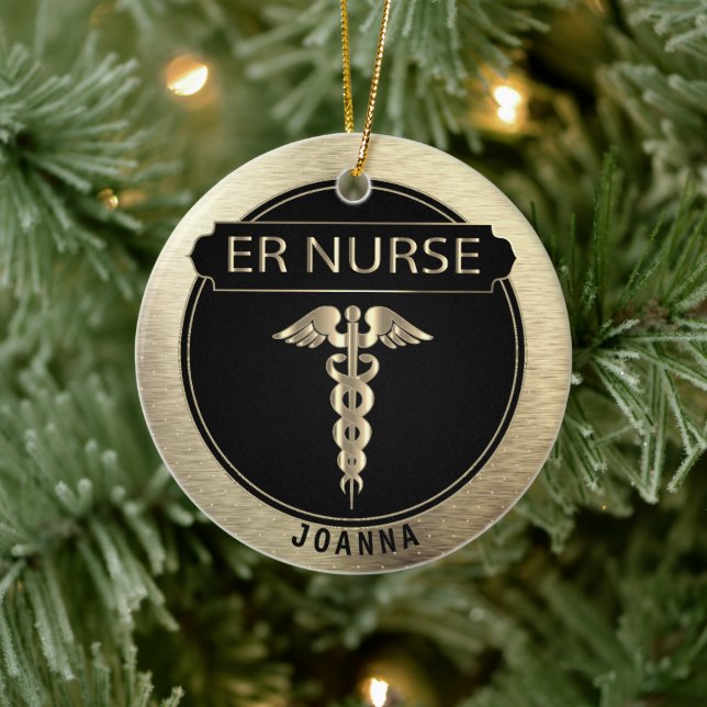 ER Nurse 👩 ⚕️ - Schwarz und Gold Keramik Ornament (Baum)