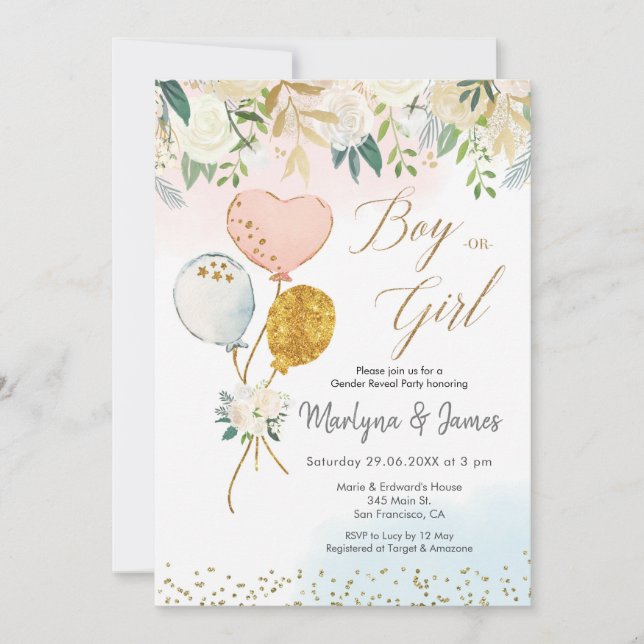 Er oder sie Ballongeschlecht offenbaren Einladung (Vorderseite)