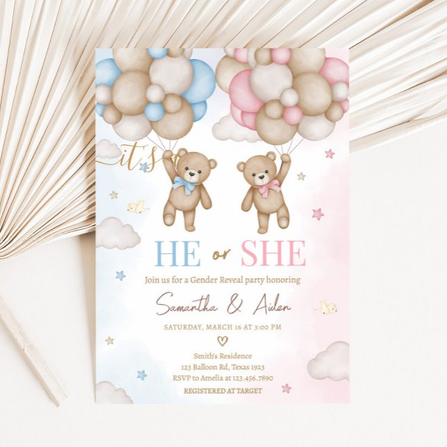 Er oder Sie Bär Geschlechtsenthüllung Einladung (Bear Balloon He or She Gender Reveal Invitation)
