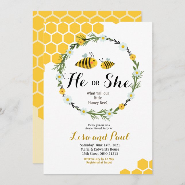 Er oder sie Bienen-Geschlecht decken Einladung auf (Vorne/Hinten)