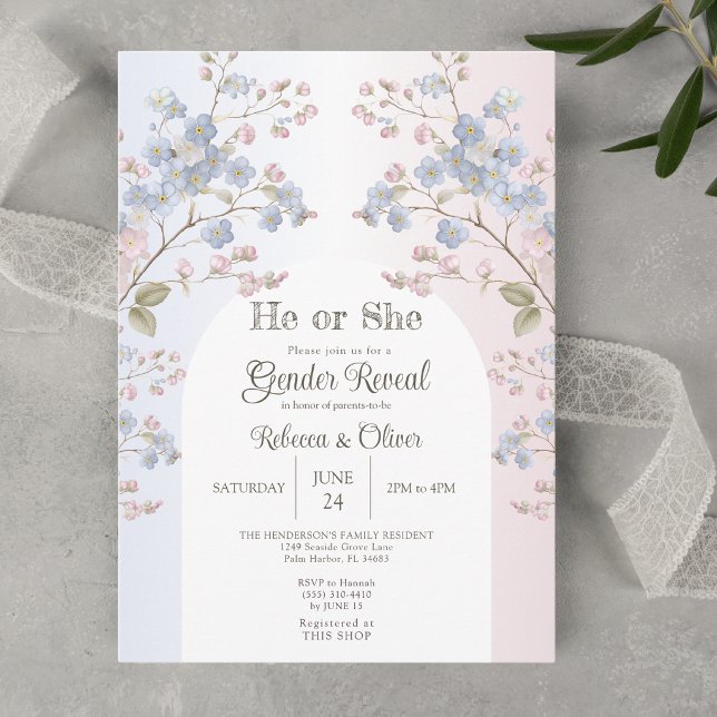 Er oder Sie Blau Rosa Florales Geschlechtsenthüllu Einladung (Von Creator hochgeladen)