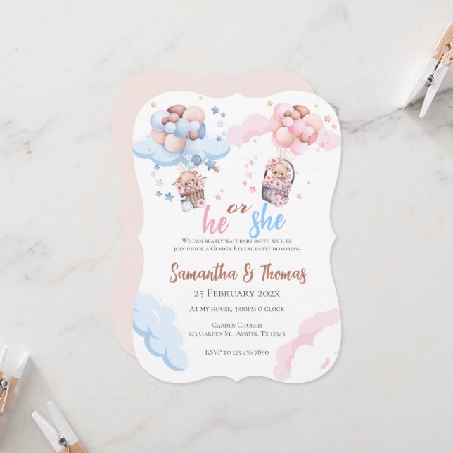 Er oder sie blauer oder rosa Geschlecht offenbart  Einladung (Vorderseite/Rückseite Beispiel)