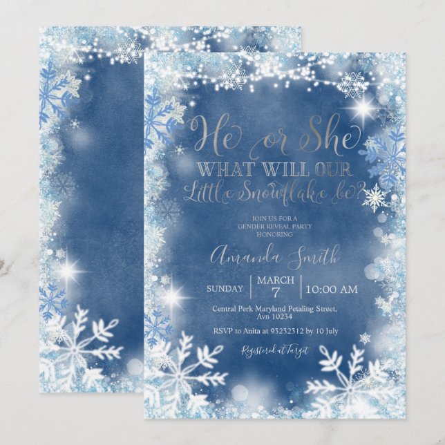 Er oder sie Blue Silver Snowflakes Gender Reveal Einladung (Vorne/Hinten)