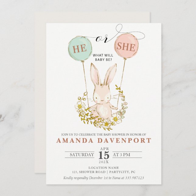 Er oder sie Bunny Balloons Geschlecht offenbart Ei Einladung (Vorne/Hinten)