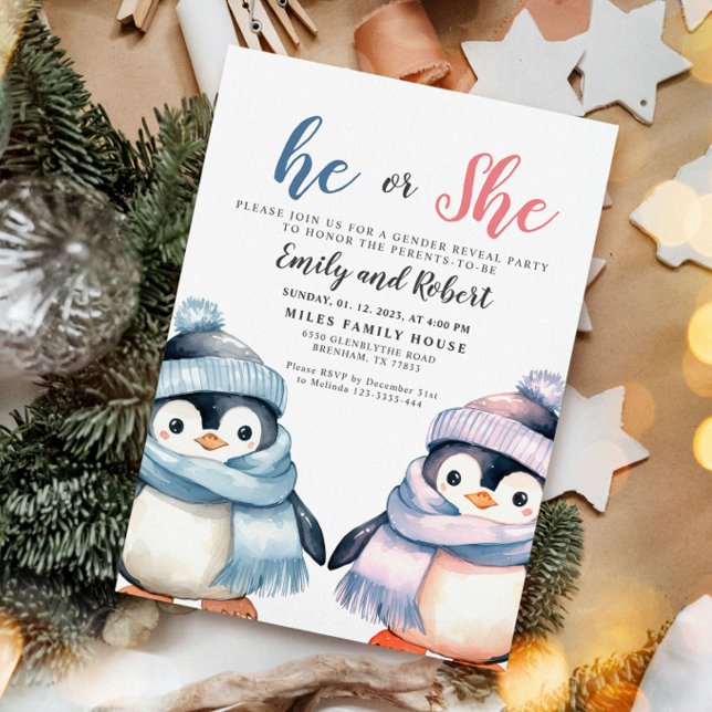 Er oder sie, Gender Reveal, Baby Shower Pinguin Einladung (Von Creator hochgeladen)