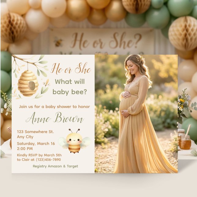 Er oder Sie Honigbiene Geschlecht Reveal Foto Einladung (He or She? What Will Baby Bee? Honey Bee Gender Reveal )