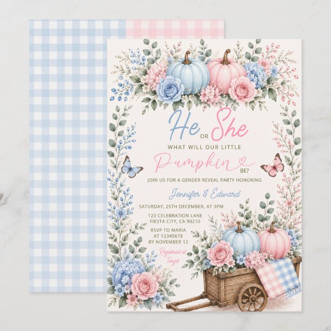 Er oder Sie Kürbis Geschlechtsenthüllung Floral Gi Einladung (Vorne/Hinten)