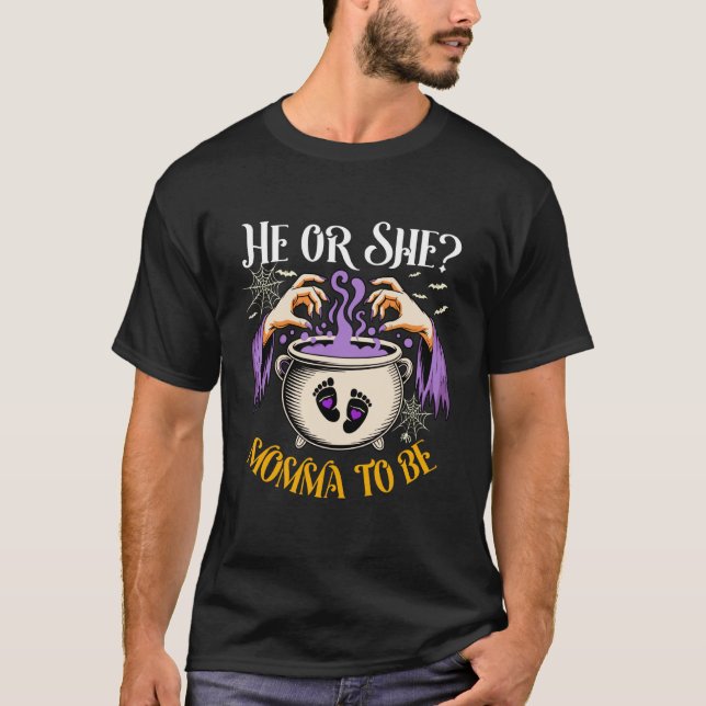 Er oder sie Mama wird Baby Enthüllung Halloween Ko T-Shirt (Vorderseite)