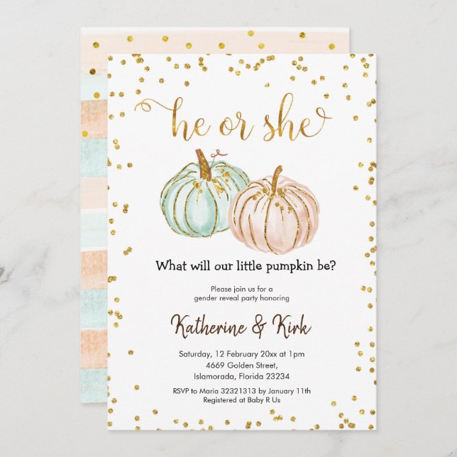 Er oder sie Pastel Pumpkin Gender Reveal Einladung (Vorne/Hinten)