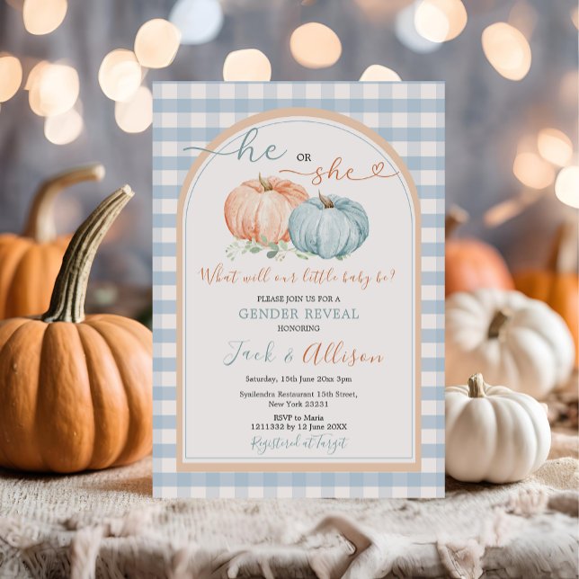 Er oder sie Pumpkin Blue Gingham Arch Gender Revea Einladung (Von Creator hochgeladen)