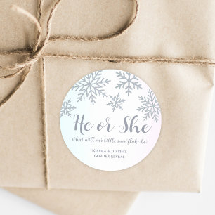 Er oder sie rosa blauer Winter-Schneeflocken-Gesch Runder Aufkleber