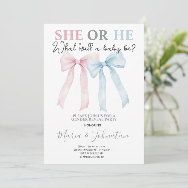 Er oder Sie Rosa Blaues Schleifen-Baby-Geschlecht- Einladung (Stehend Vorderseite)