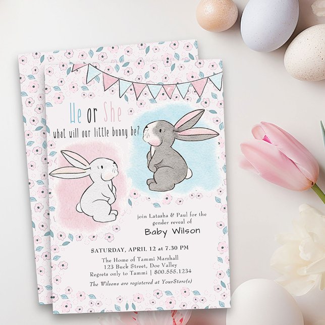 Er oder sie rosa und blau-klein-sonniges Geschlech Einladung (He or She Gender Reveal Invitation with little bunnies - pink or blue and perfect for easter)