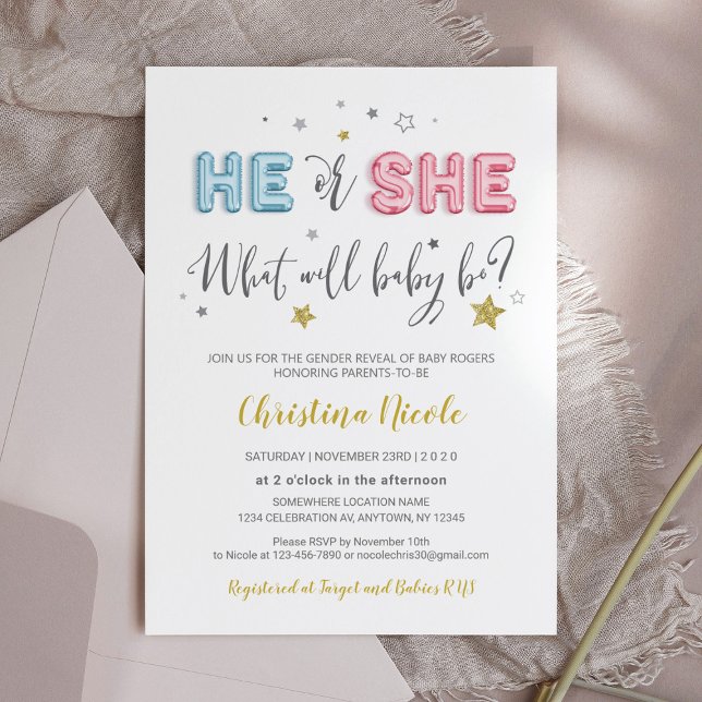 Er oder sie rosa und blaue Foil Balloons Babydusch Einladung (Von Creator hochgeladen)