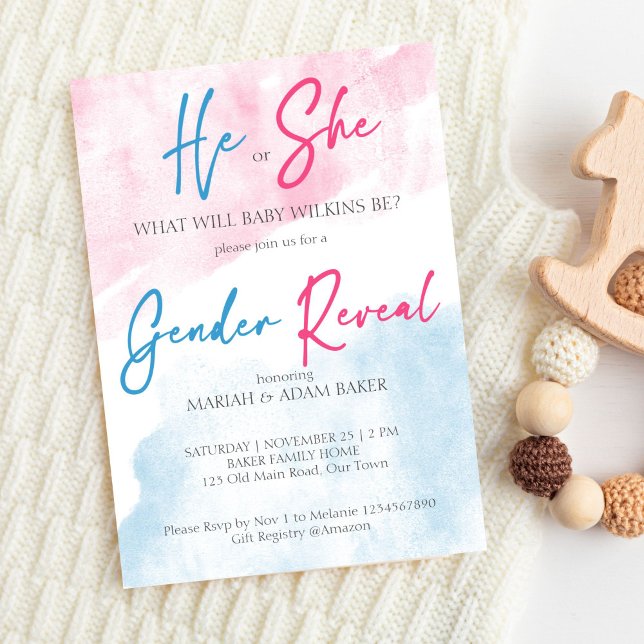 Er oder sie rosa und blaues Geschlecht enthüllt Vo Einladung (He or she pink and blue gender reveal template invitation digital download simple watercolor modern)