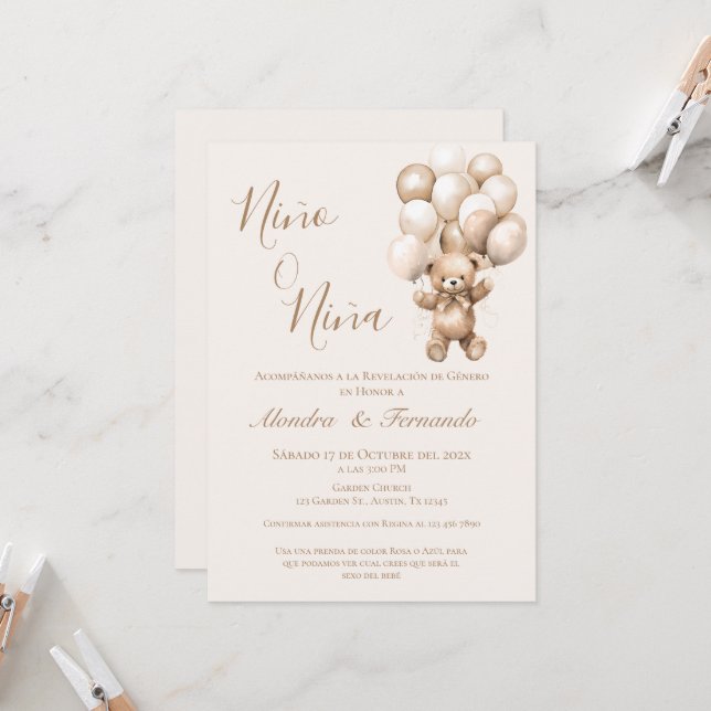 Er oder sie Teddy Bär mit Balloons Gender Reveal I Einladung (Vorderseite/Rückseite Beispiel)