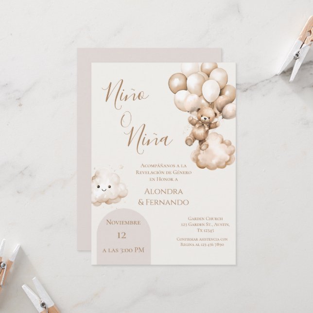 Er oder sie Teddy Bär mit Balloons Gender Reveal I Einladung (Vorderseite/Rückseite Beispiel)