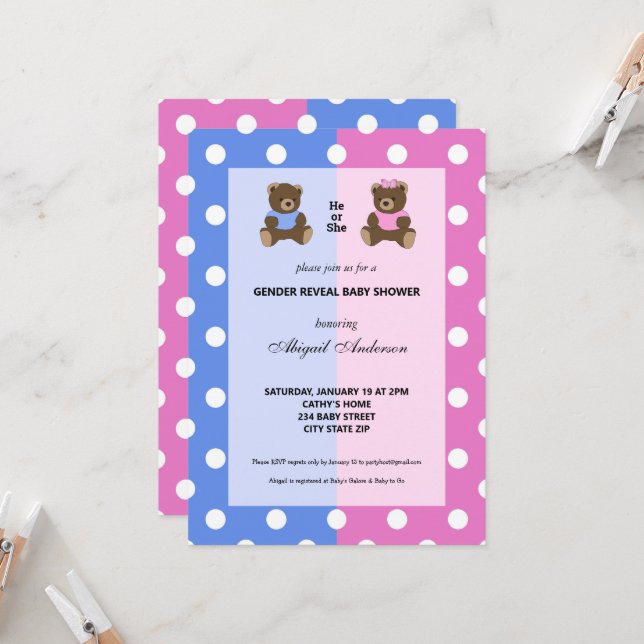 Er oder sie Teddy Bären Gender Reveal Baby Shower  Einladung (Vorderseite/Rückseite Beispiel)