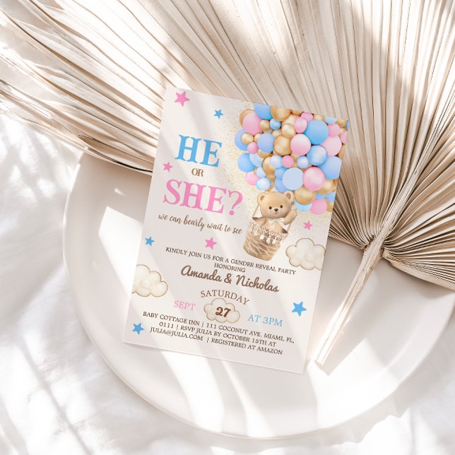 Er oder sie Teddy Bear Hot Air Ballon Gender Revea Einladung (Von Creator hochgeladen)