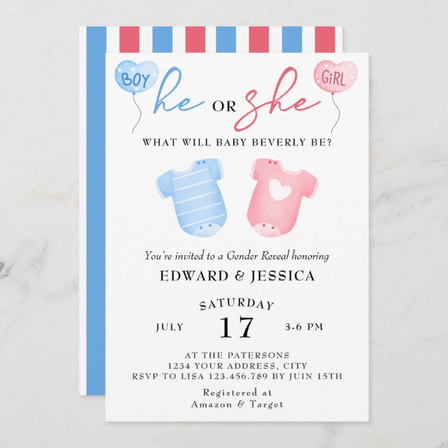 Er oder sie, was wird Baby Blue Pink Minimal Niedl Einladung (Vorne/Hinten)