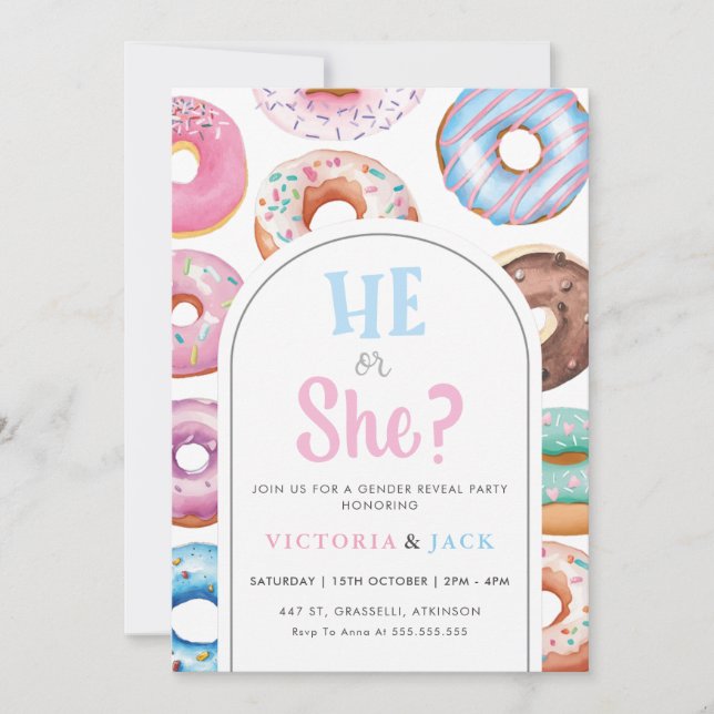Er oder sie Watercolor Donut Pattern Geschlecht of Einladung (Vorderseite)