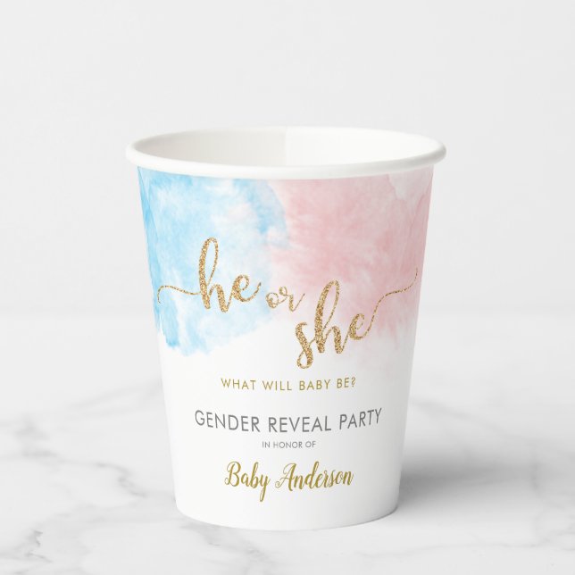 Er oder sie Watercolor Gold Glitzer Gender Reveve Pappbecher (Links)