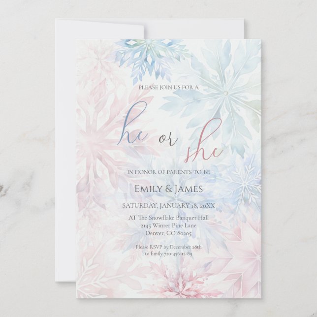 Er oder sie Winter Pink Blue Snowflake Gender Part Einladung (Vorderseite)