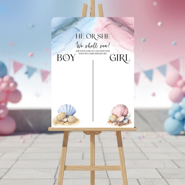 Er oder Sie Wir werden das Geschlecht enthüllen Wä Poster (He or She voting poster from the Coastal Gender Reveal - We Shell Sea collection by Darling & May)