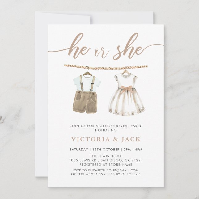 Er oder sie zeigen neutrale Baby Kleidung Gender R Einladung (Vorderseite)