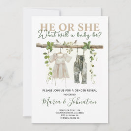 Er oder sie zeigen neutrale Babykleidung Einladung