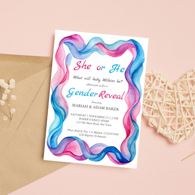 Er oder sie zeigen rosa und blau-gewellte Farbband Einladung (He or she pink and blue wavy ribbon gender reveal invitation template instant download boy or girl)