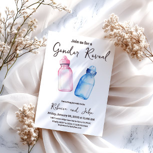 Er oder sie zeigt eine blaue und rosa Babyflasche Einladung