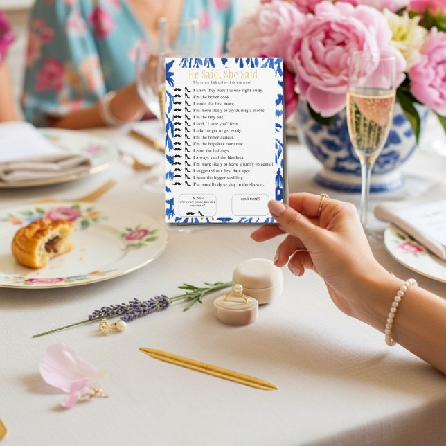 Er sagt, Sie sagt Brautdusche  Blaues Spiel Einladung (He Said, She Said Bridal shower Blue Game)