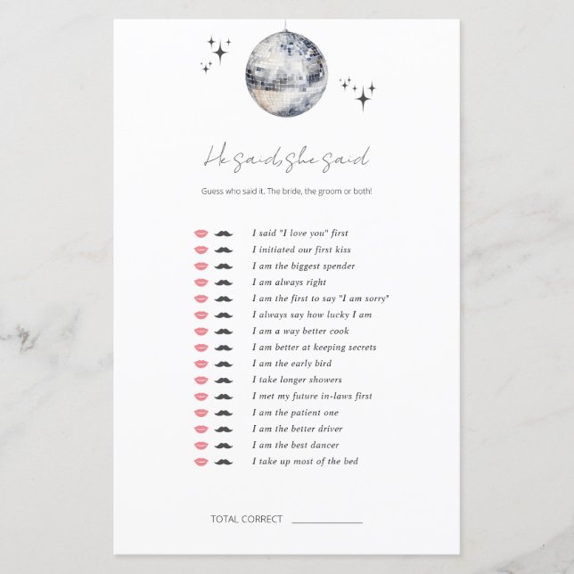 Er sagte: "Disco Ball Brautparty Game" (Vorderseite)