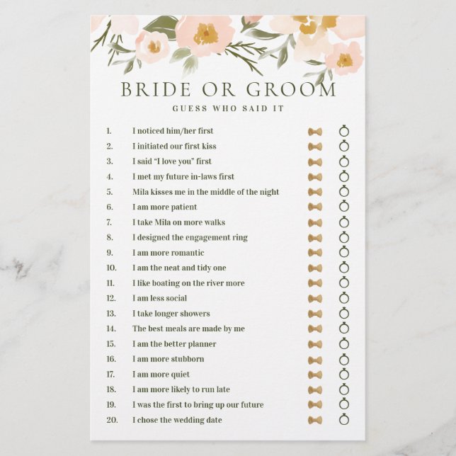 Er sagte, sie sagte "Blush Pink Floral Bridal Game (Vorderseite)