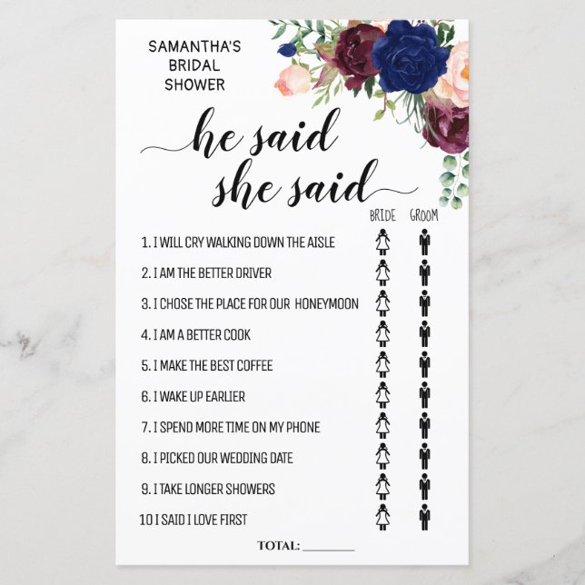 Er sagte, sie sagte Brautparty-Game (Vorderseite)
