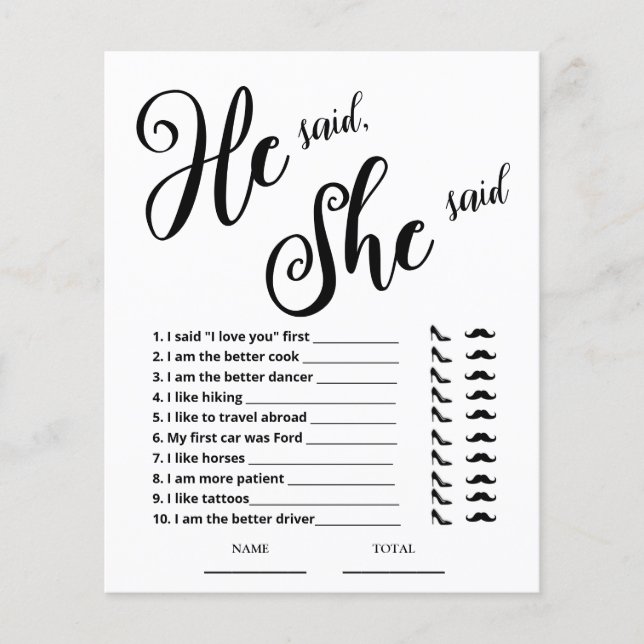 Er sagte, sie sagte Brautparty Game (Vorderseite)