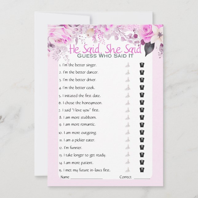 Er sagte, sie sagte Brautparty Game Einladung (Vorderseite)