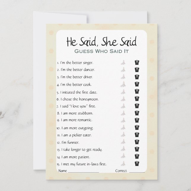 Er sagte, sie sagte Brautparty Game Einladung (Vorderseite)